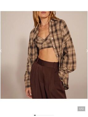 Favorite Daughter Brown Plaid Motif Long Sleeve Button Down Top
